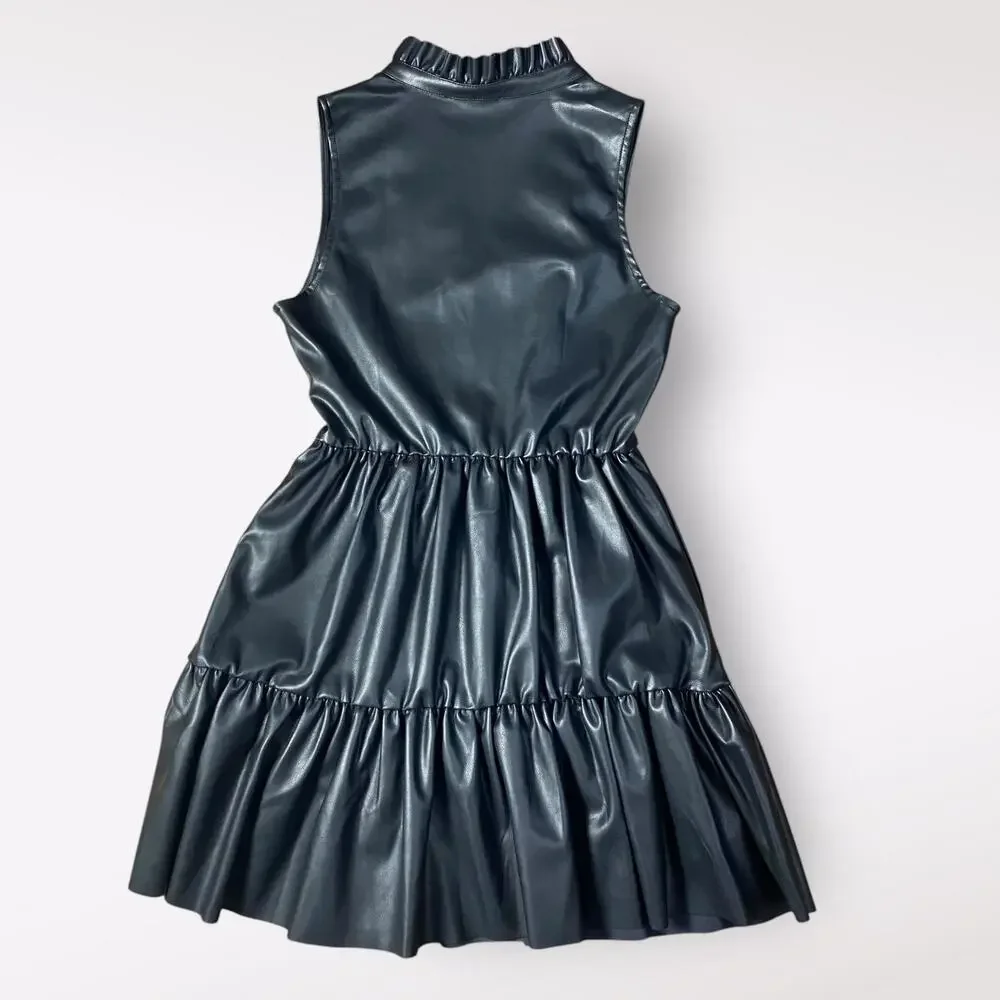 Fate Black Faux Leather Ruffled Tiered Mini Dress Size‎ S Moto Boho Goth